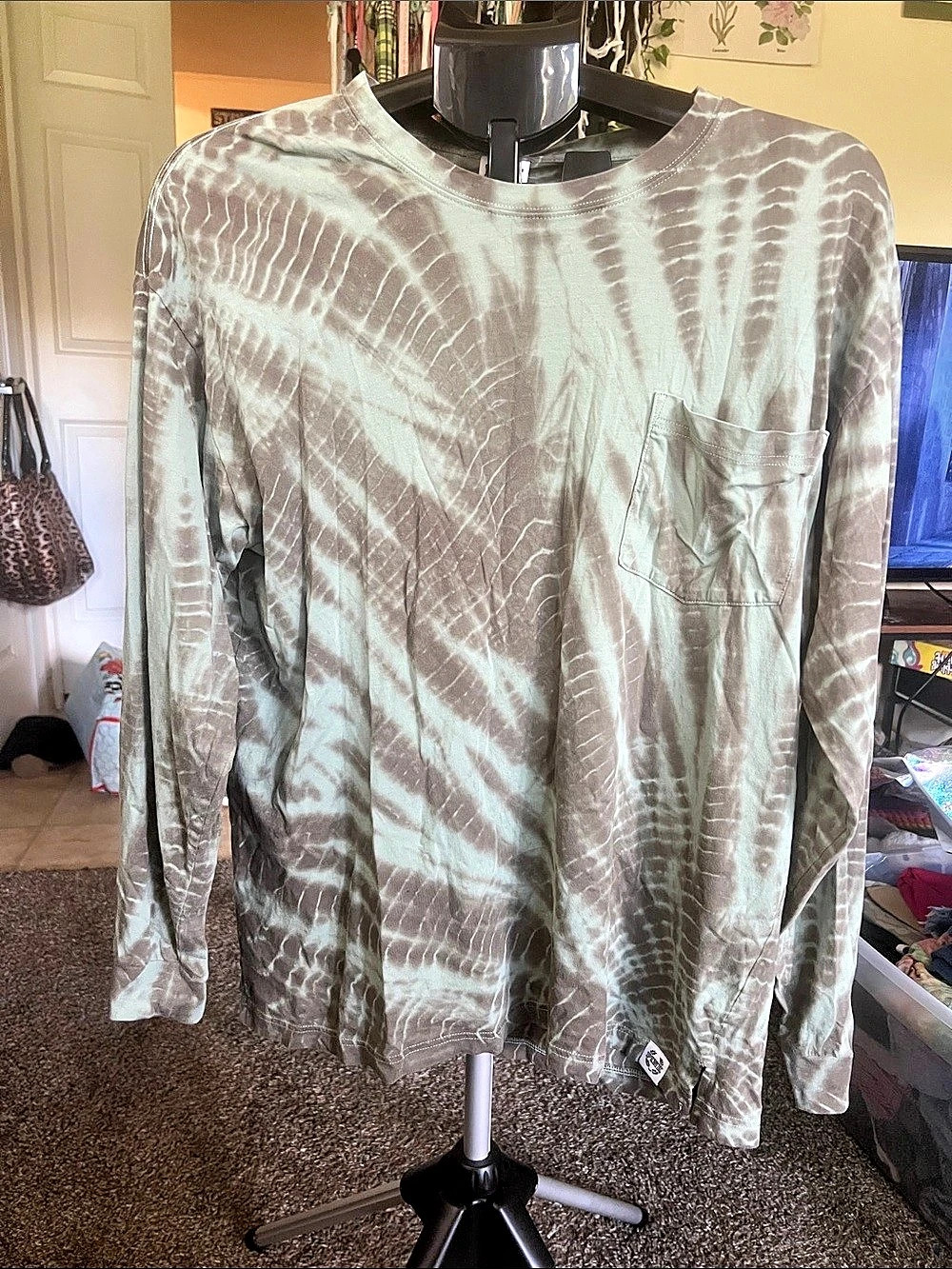 PINK Tie-Dye Cotton Long Sleeve Top in Green & White